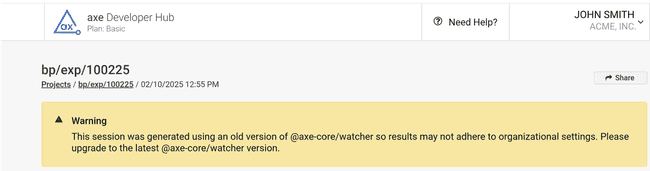 Screenshot showing message the occurs when the @axe-core/watcher package is too old to support global configurations